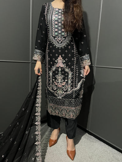 Black 3Pc Embroidered Chiffon Collection With Embroidered Chiffon Dupatta
