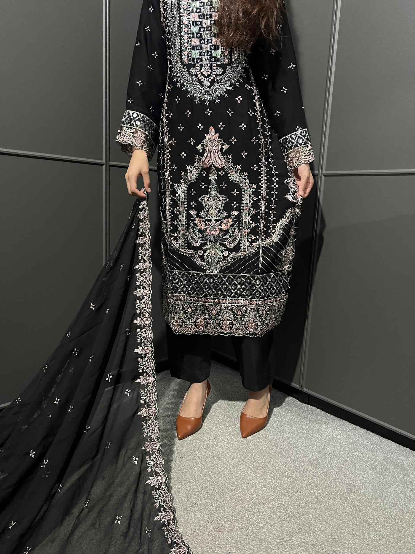 Black 3Pc Embroidered Chiffon Collection With Embroidered Chiffon Dupatta