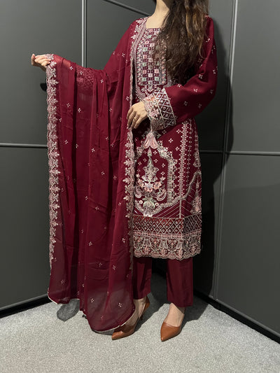 Maroon 3Pc Embroidered Chiffon Collection With Embroidered Chiffon Dupatta