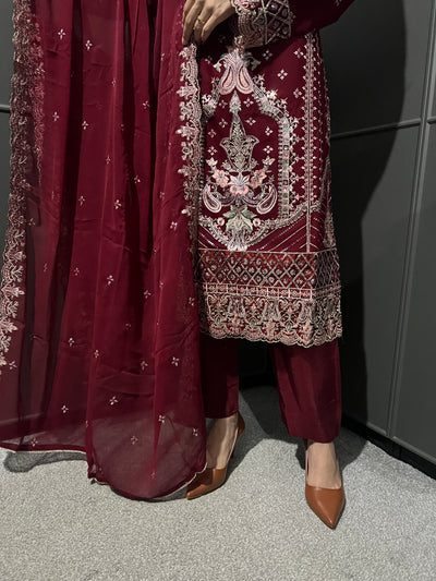 Maroon 3Pc Embroidered Chiffon Collection With Embroidered Chiffon Dupatta