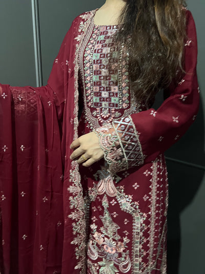 Maroon 3Pc Embroidered Chiffon Collection With Embroidered Chiffon Dupatta