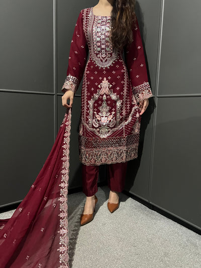 Maroon 3Pc Embroidered Chiffon Collection With Embroidered Chiffon Dupatta