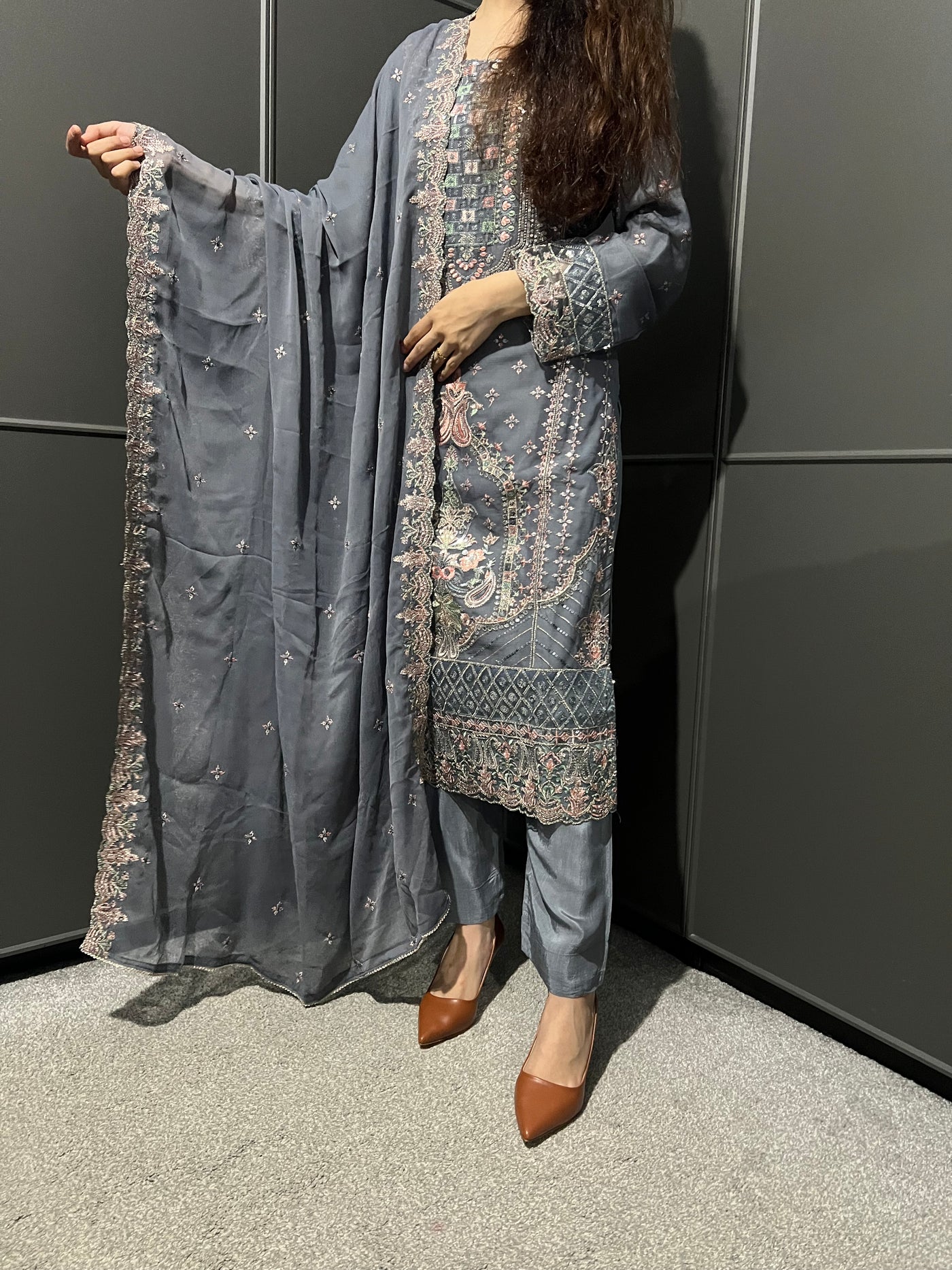 GRAY 3Pc Embroidered Chiffon Collection With Embroidered Chiffon Dupatta