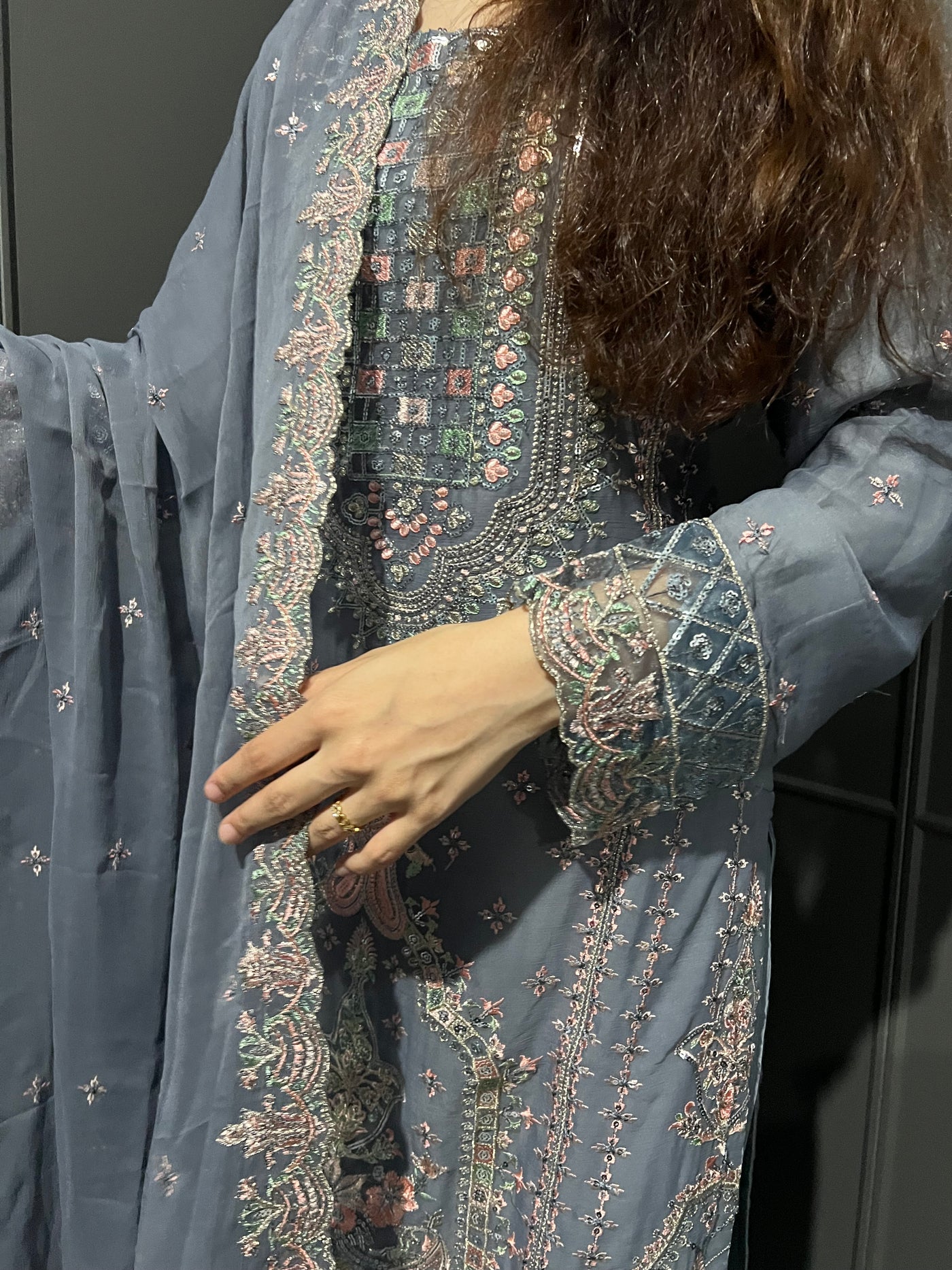 GRAY 3Pc Embroidered Chiffon Collection With Embroidered Chiffon Dupatta