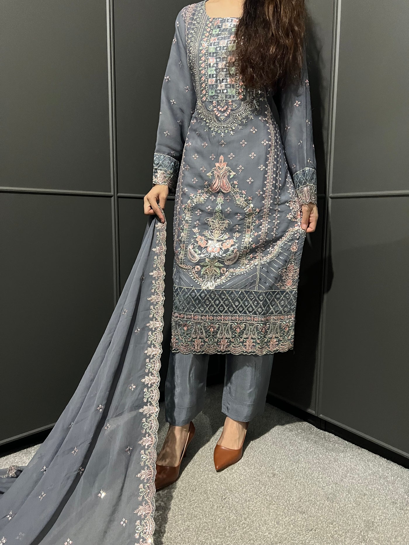 GRAY 3Pc Embroidered Chiffon Collection With Embroidered Chiffon Dupatta