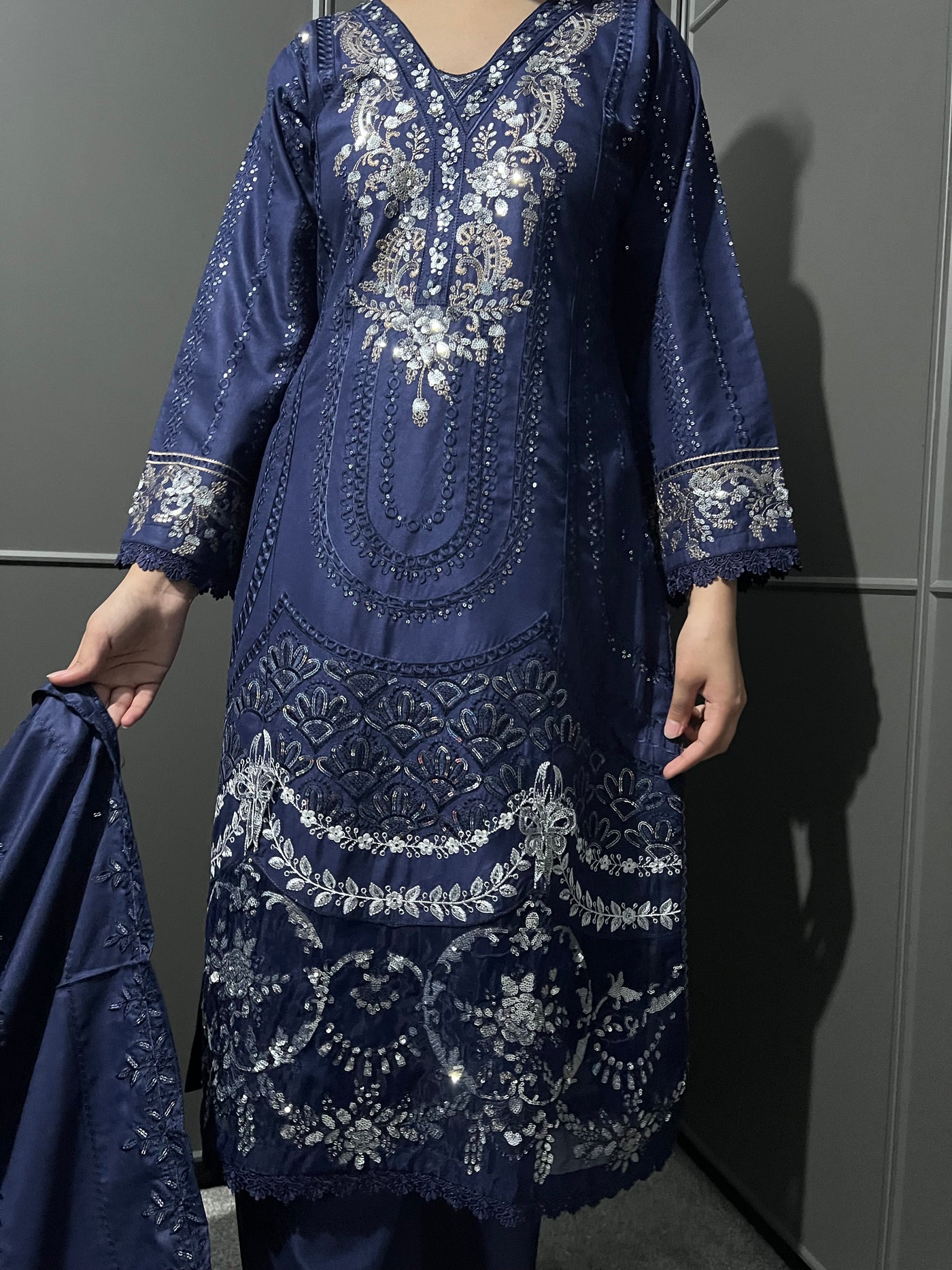 D-12 Dhanak Winter Embroidered Plazo Suit 3 PC Outfit With Shawl