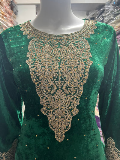 GREEN-Beautiful Velvet Embroidered Ready To Wear 3pc Frock With Chiffon Duptta