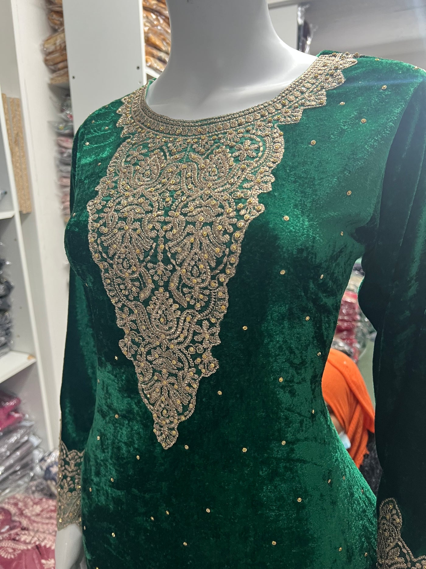 GREEN-Beautiful Velvet Embroidered Ready To Wear 3pc Frock With Chiffon Duptta