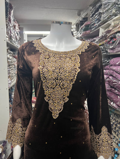 BROWN-Beautiful Velvet Embroidered Ready To Wear 3pc Frock With Chiffon Duptta