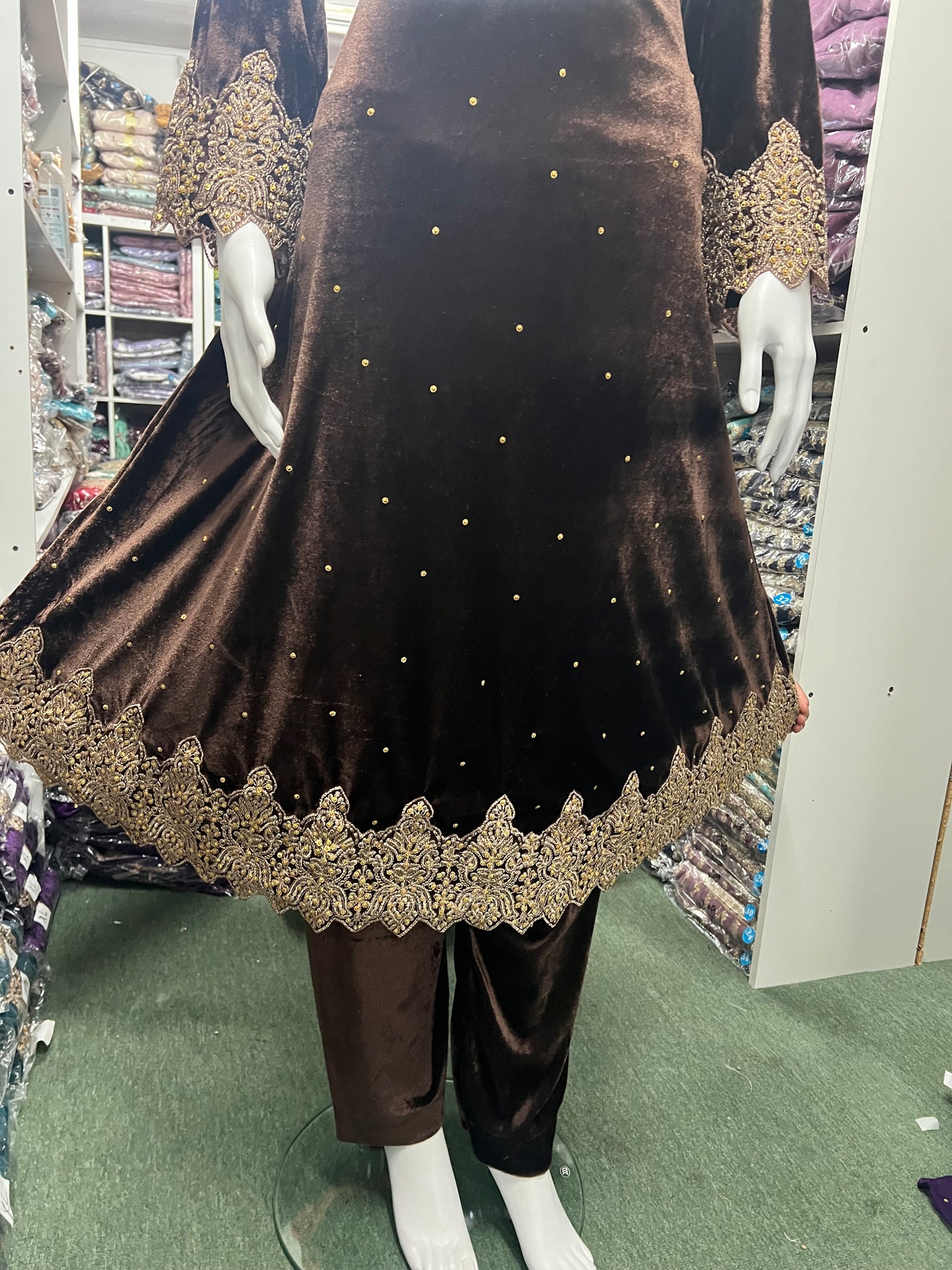 BROWN-Beautiful Velvet Embroidered Ready To Wear 3pc Frock With Chiffon Duptta