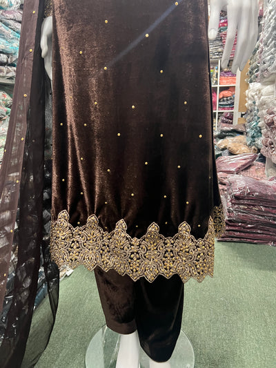 BROWN-Beautiful Velvet Embroidered Ready To Wear 3pc Frock With Chiffon Duptta