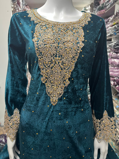 TEAL-Beautiful Velvet Embroidered Ready To Wear 3pc Frock With Chiffon Duptta