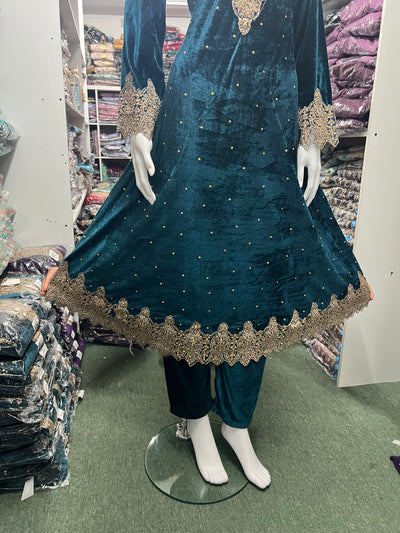 TEAL-Beautiful Velvet Embroidered Ready To Wear 3pc Frock With Chiffon Duptta