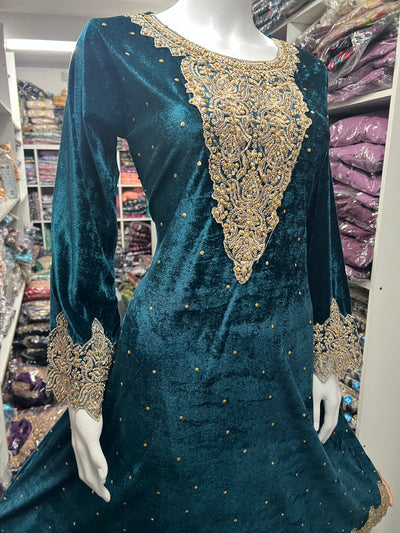 TEAL-Beautiful Velvet Embroidered Ready To Wear 3pc Frock With Chiffon Duptta