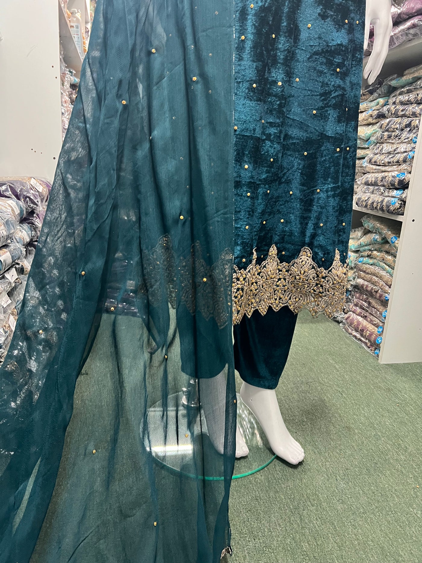 TEAL-Beautiful Velvet Embroidered Ready To Wear 3pc Frock With Chiffon Duptta