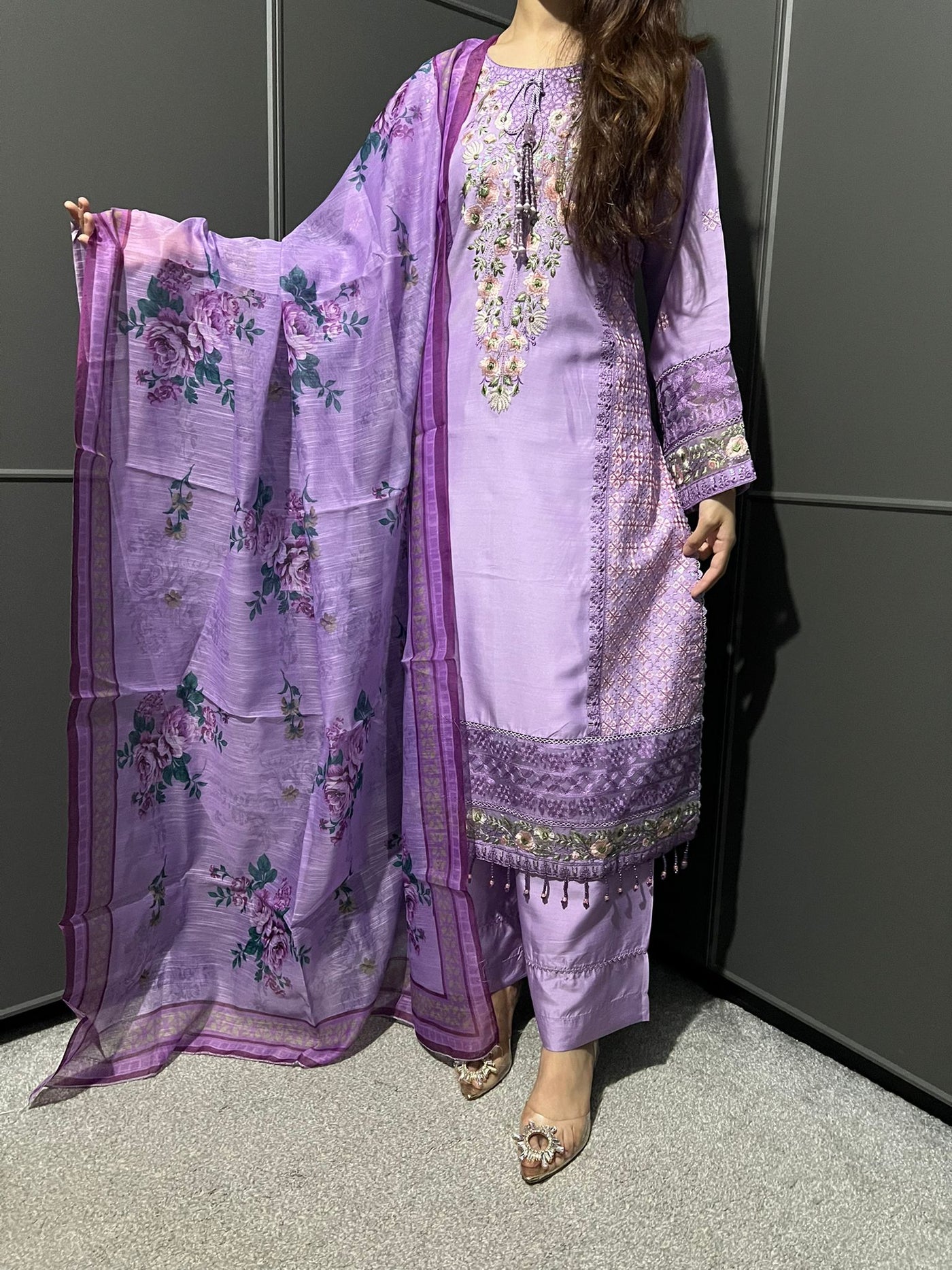 Lilac - Viscose Embroidered Plazzo | Suit With Embroidered | Organza Dupatta