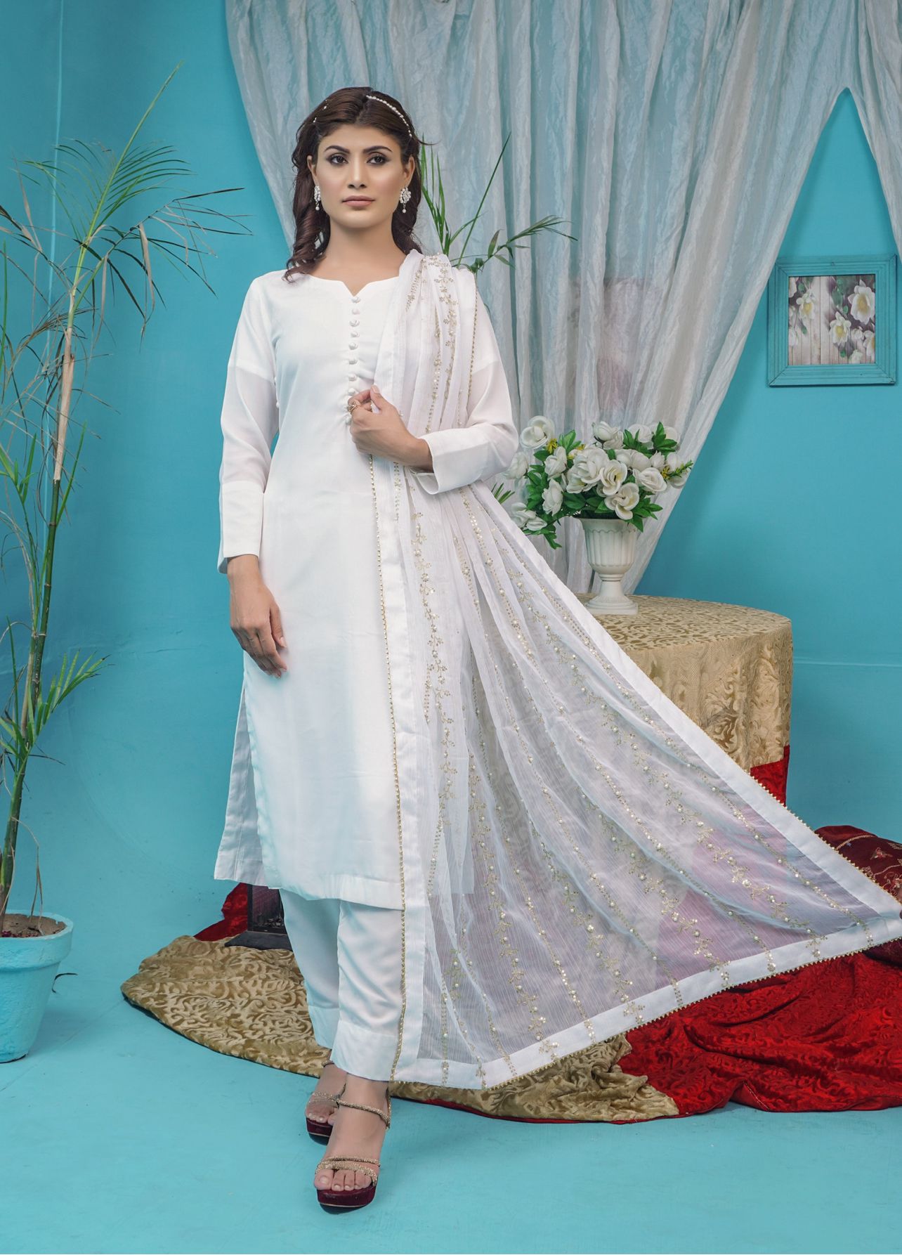 Mahham Luxury Chiffon Georgette Collection White D-31