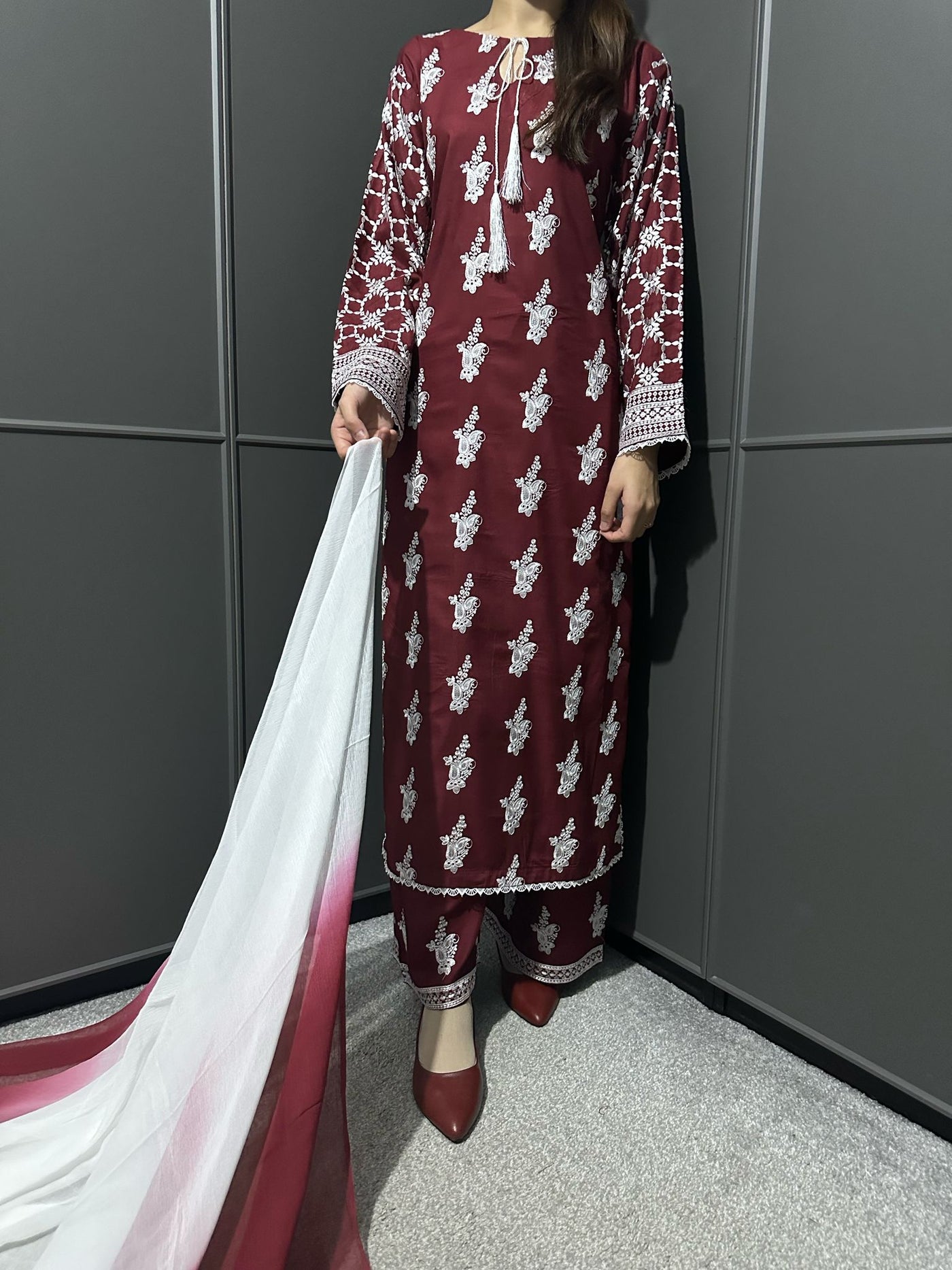 Maroon-Mother & Daughter Embroidered Linen Plazo Collection