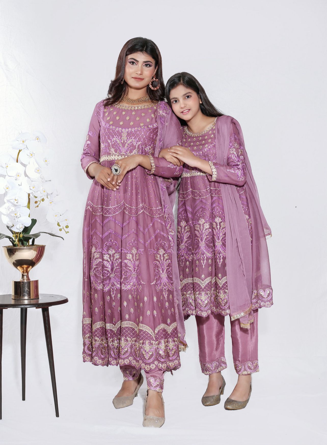 Mother & Daughter Ready to Wear Chiffon Maxi Dress DUSTY PINK D-216| Shop Pakistani Dresses
