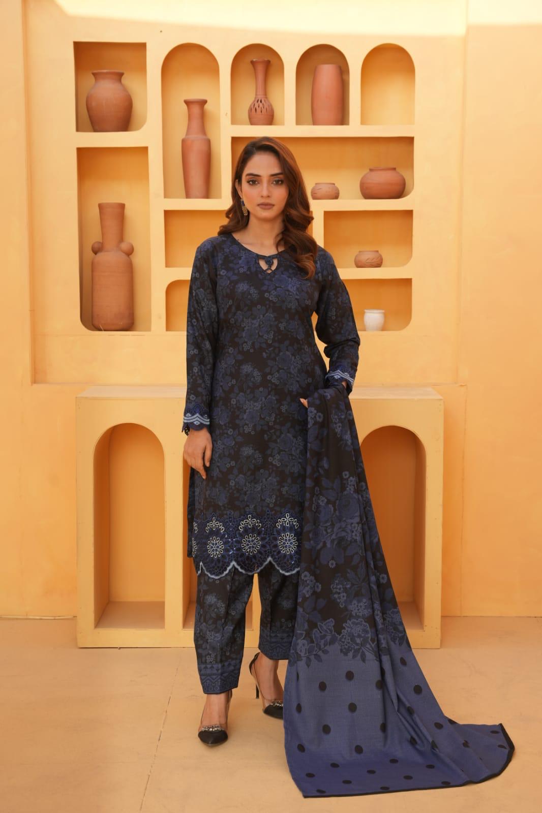 NAVY- DHANAK 3 PIECE BAROQUE  EMBROIDERED  READY TO WEAR SUIT
