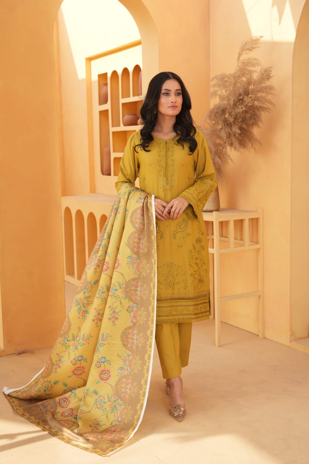 Yellow-3 PIECE EMBROIDERED DHANAK READY TO WEAR SUIT