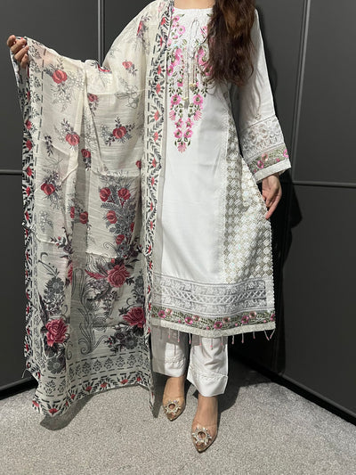 White - Viscose Embroidered Plazzo | Suit With Embroidered | Organza Dupatta