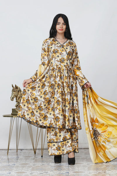 3 Pc Floral Printed Winter Linen Frock With Linen Dupatta D-704