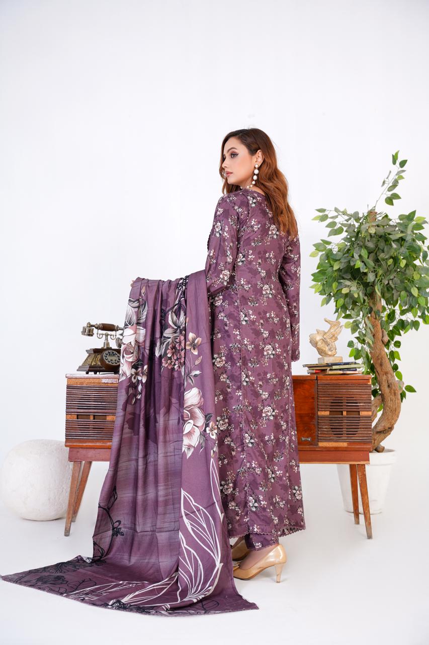 3 Pc Floral Printed Winter Linen Frock With Linen Dupatta D-601