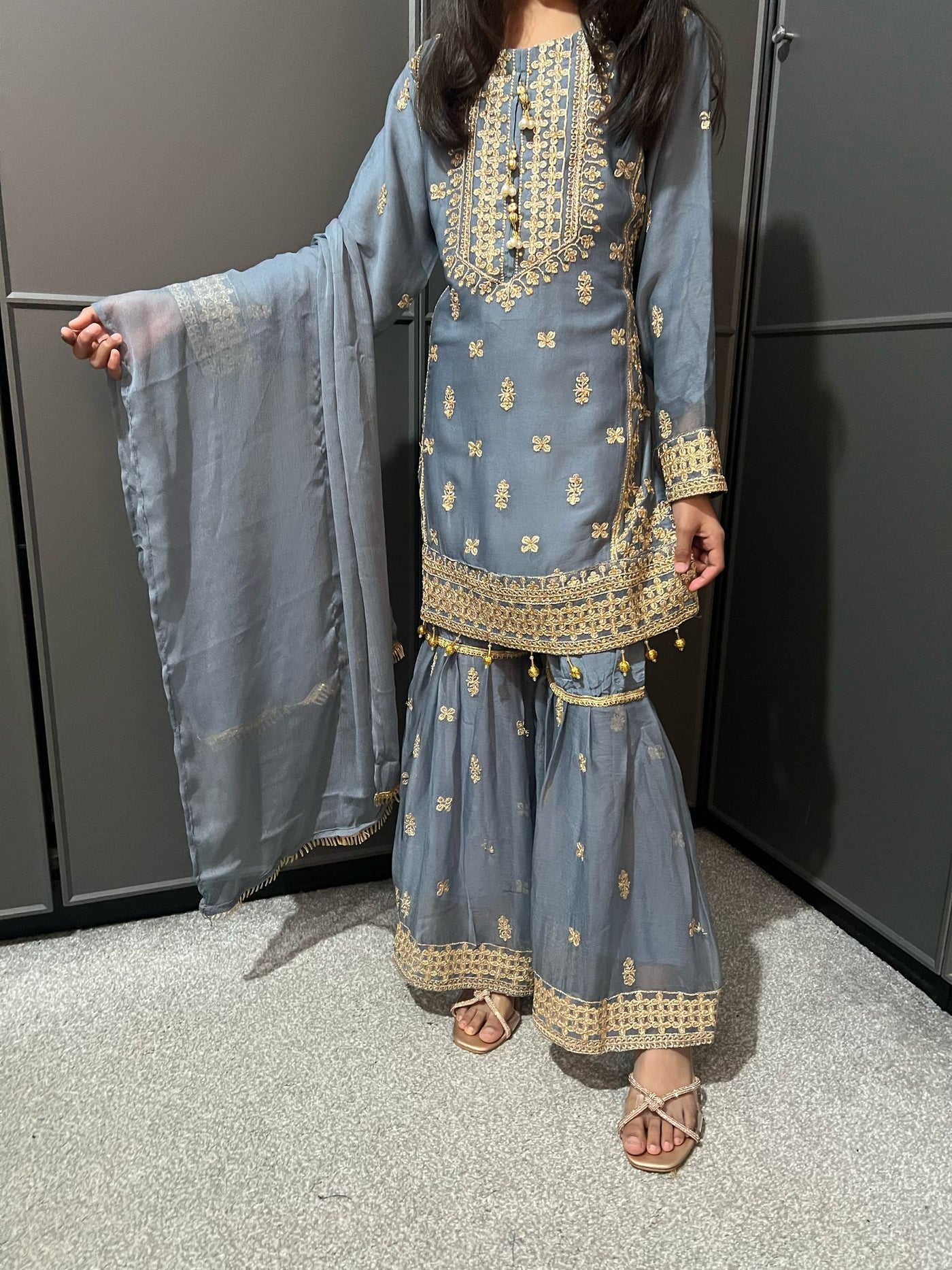 GRAY- Embroidered Gharara Chiffon Mother & Daughter Ready to Wear Collection - Perfect for Family