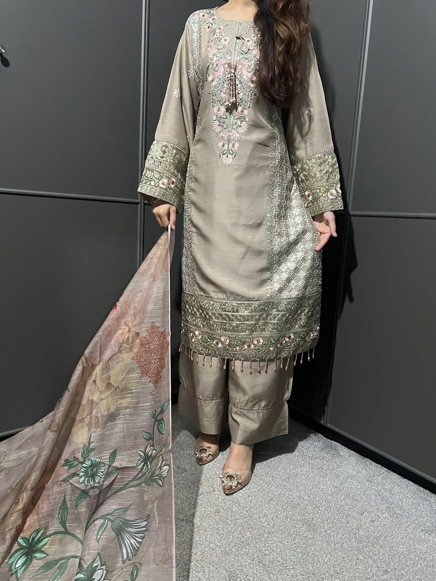 Beige - Viscose Embroidered Plazzo | Suit With Embroidered | Organza Dupatta