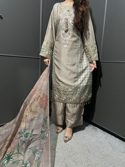 Beige - Viscose Embroidered Plazzo | Suit With Embroidered | Organza Dupatta