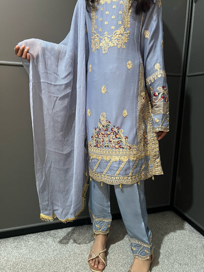 Gray Embroidered Chiffon Mother & Daughter Ready to Wear Collection - Perfect for Family Outfits