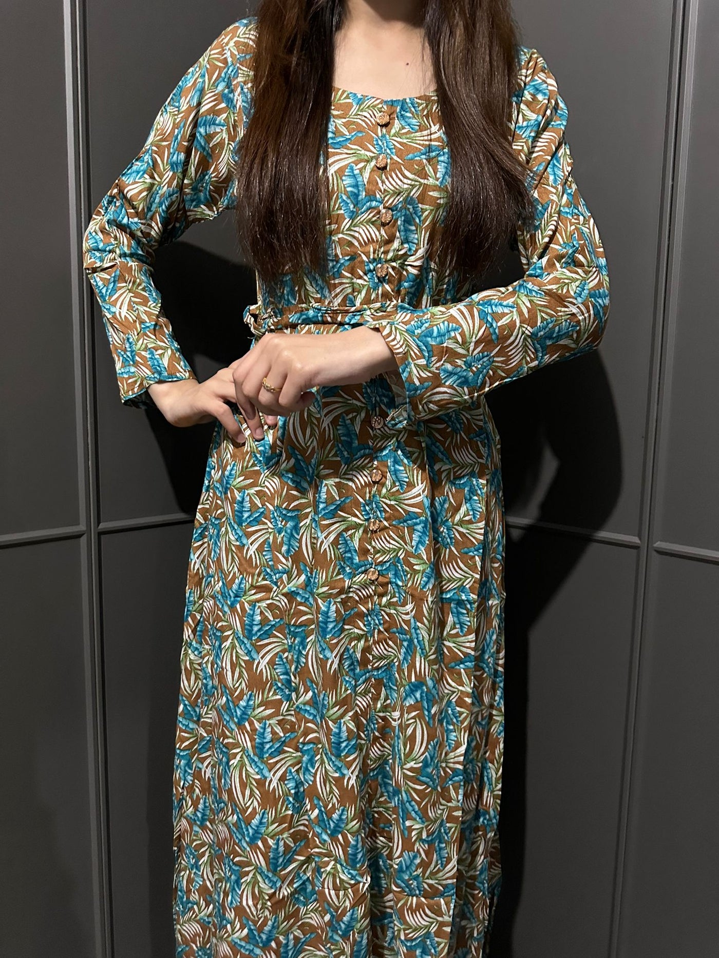 D-12 Brown&Teal Printed Long Dress in Linen Martial Fabric for Casual Wear - Womenswear
