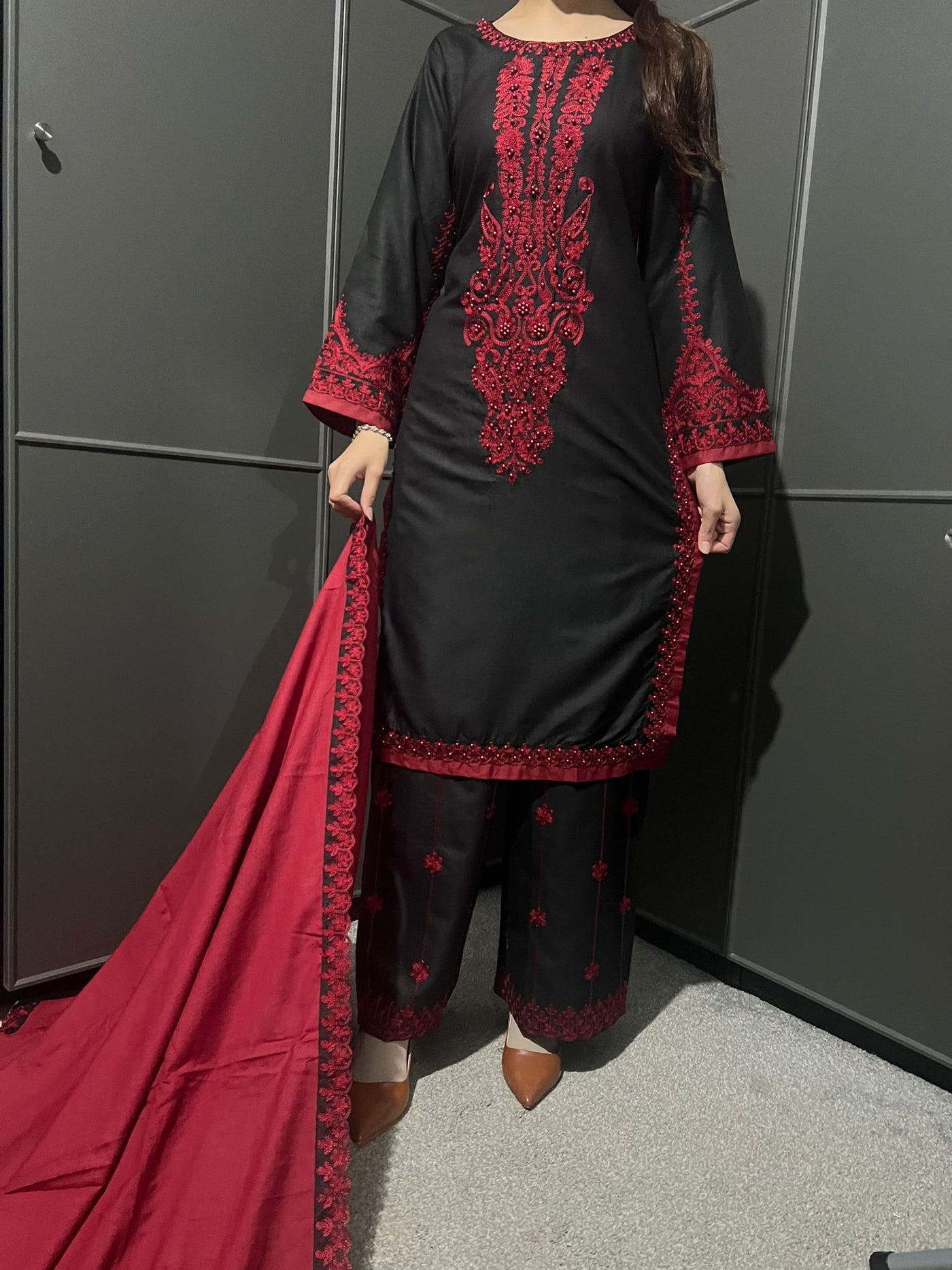 3 Pc Embroidered Dhanak Readymade Plazzo Suit with Winter shawl