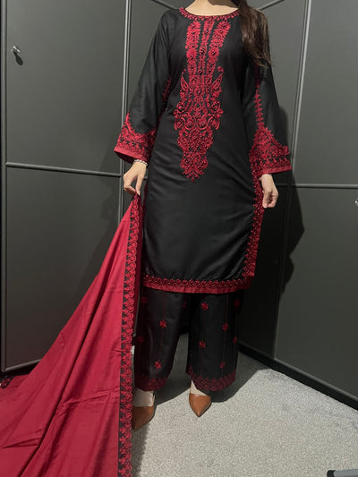 3 Pc Embroidered Dhanak Readymade Plazzo Suit with Winter shawl