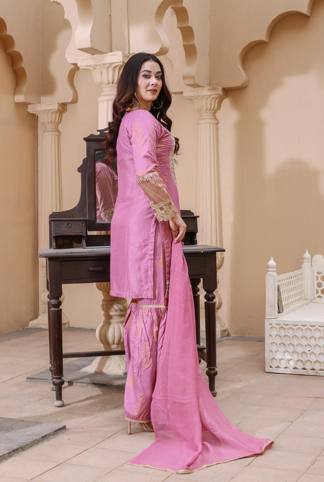 Embroidered Linen Sharara Suit With Chiffon Dupatta Pink D-182