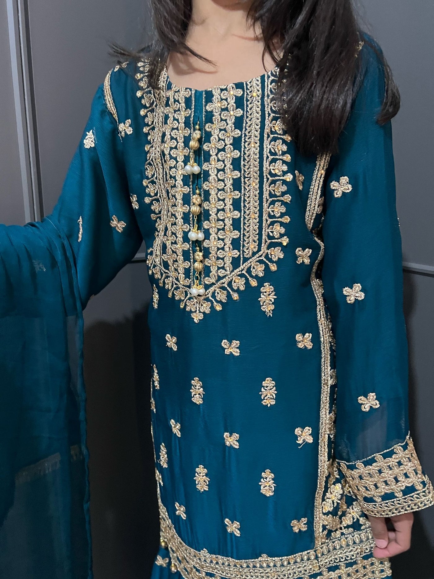 TEAL- Embroidered Gharara Chiffon Mother & Daughter Ready to Wear Collection - Perfect for Family