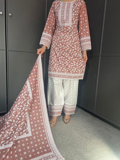 DUSTY PINK FARSHI SALWAR 3PC READYMADE SUIT  WITH LAWN DUPTTA