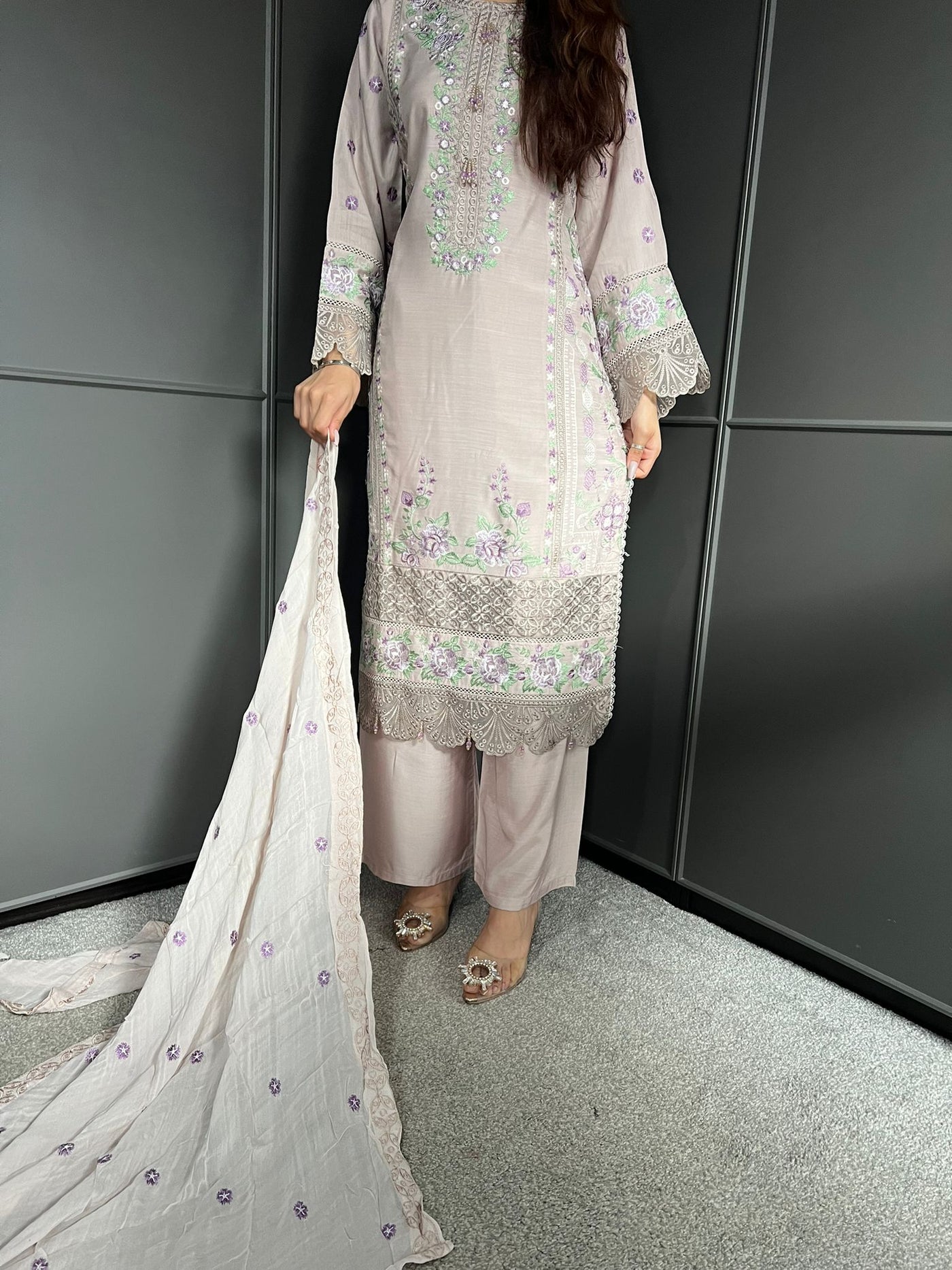 Pink Nude - Viscose Embroidered Plazzo | Suit With Embroidered | Chiffon Dupatta