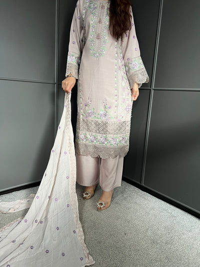 Pink Nude - Viscose Embroidered Plazzo | Suit With Embroidered | Chiffon Dupatta