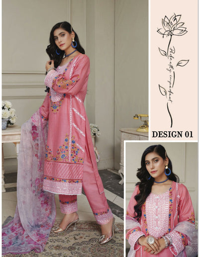 3 Piece Embroidered Lawn With Bamber Chiffon Dupatta D-01