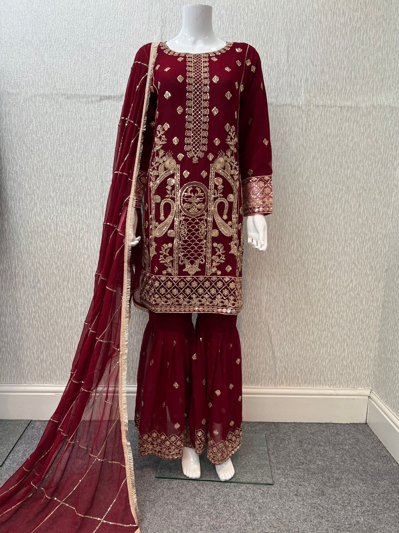 Luxury Festive Chiffon Gharara  Collection Maroon S-6