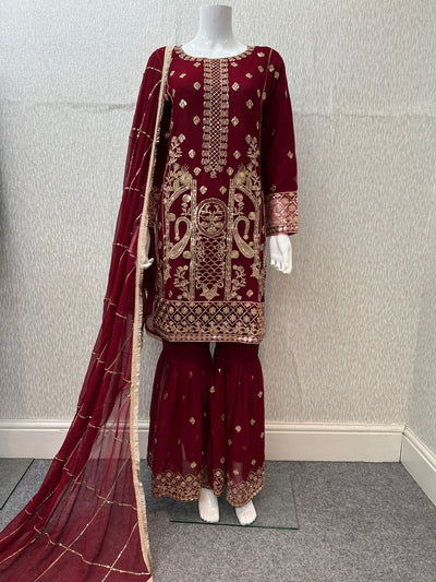 Luxury Festive Chiffon Gharara  Collection Maroon S-6