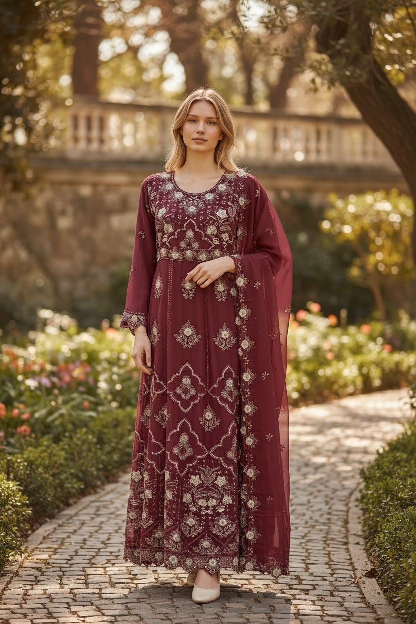 Maroon 3PC Ready to Wear | Chiffon Maxi Long Dress Shop