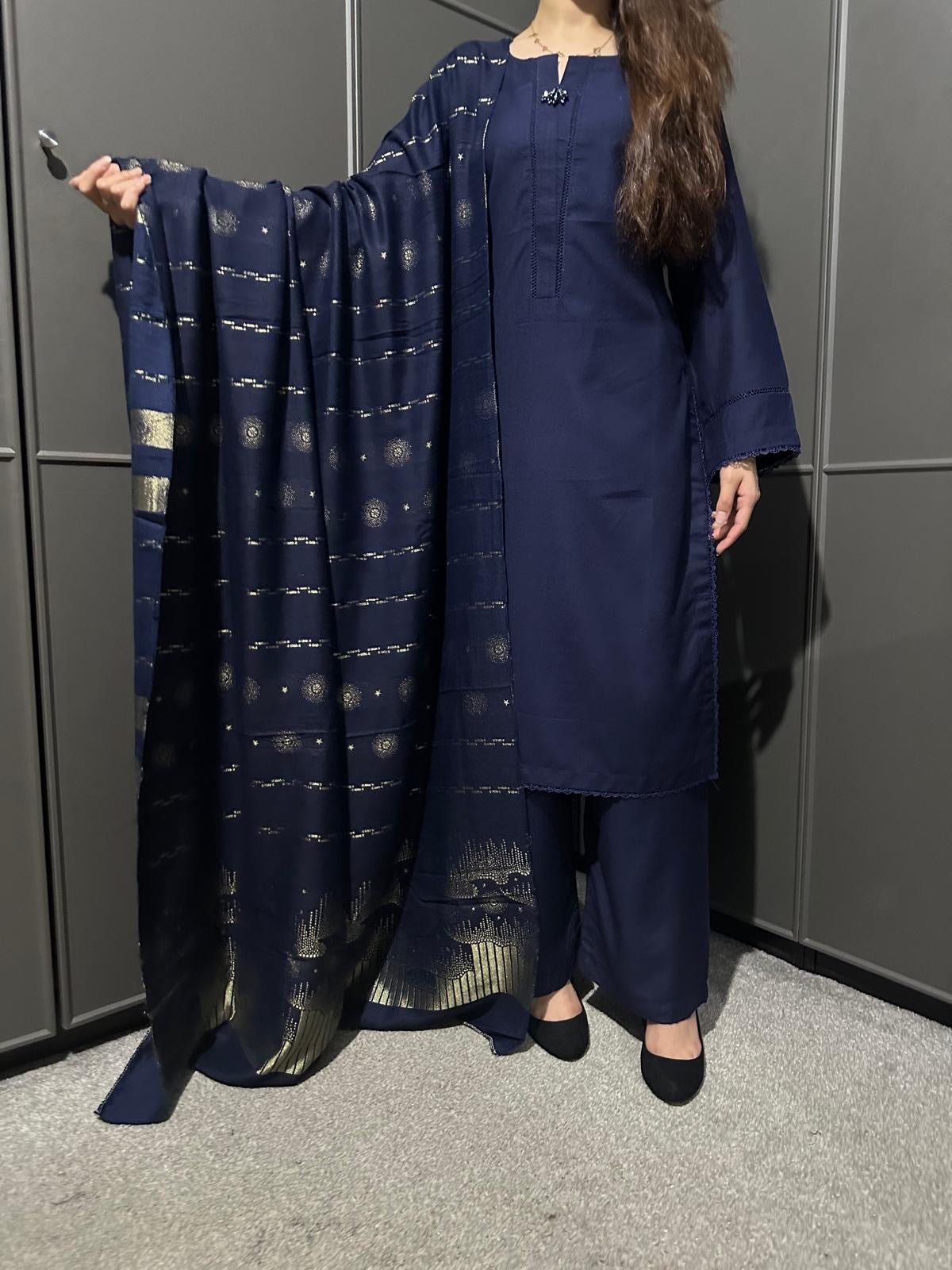 BLUE  3 PIECE PLAIN | DHANAK READY TO WEAR | SUIT WITH SHAWAL