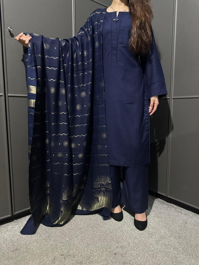 BLUE  3 PIECE PLAIN | DHANAK READY TO WEAR | SUIT WITH SHAWAL