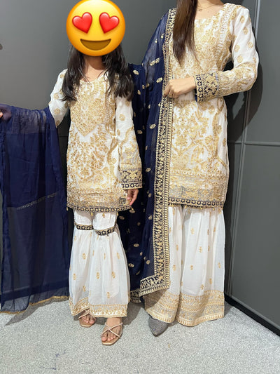 WHITE- Embroidered Gharara Chiffon Mother & Daughter Ready to Wear Collection - Perfect for Family