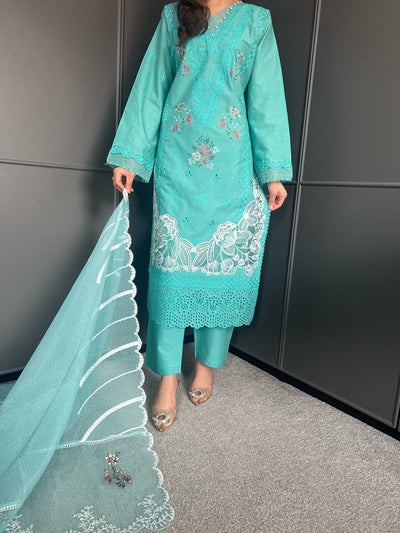 Embroidered Lawn Cotton Organza Suit with Organza Dupatta - Comfortable and Stylish