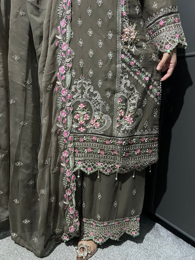 Beige 3Pc Plazzo Embroidered Chiffon Collection With Embroidered Chiffon Dupatta