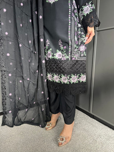 Black - Viscose Embroidered Plazzo | Suit With Embroidered | Chiffon Dupatta